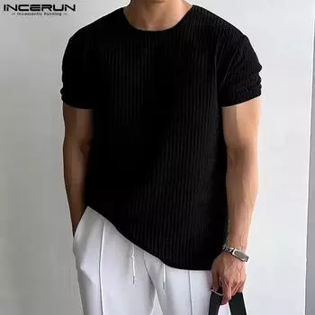 INCERUN Летние мужские свитера с круглым вырезом и коротким рукавом, трикотажные футболки M чёрный