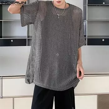 INCERUN летние мужские свободные полые топы, сетчатые прозрачные футболки S чёрный