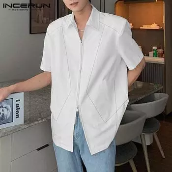 INCERUN летние мужские свободные повседневные рубашки с отложным воротником и двойной молнией