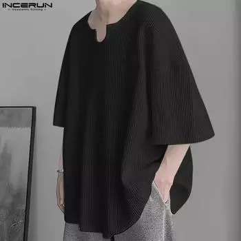 INCERUN Летние мужские свободные вязаные футболки с короткими рукавами и круглым вырезом S чёрный