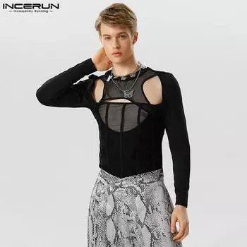 INCERUN летние мужские тонкие топы с длинными рукавами и вырезами