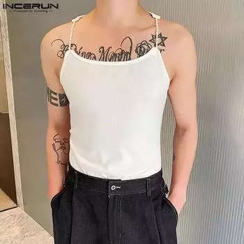 INCERUN Летние мужские топы без рукавов на бретельках, клубный жилет для вечеринок S чёрный