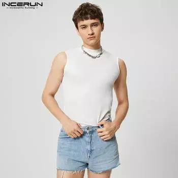 INCERUN Летние мужские топы без рукавов с высоким воротником для фитнеса Спортивный жилет 3XL чёрный