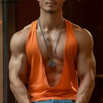INCERUN Летние мужские топы без рукавов с глубоким V-образным вырезом, однотонный жилет с ремешком 3XL оранжевый