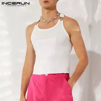 INCERUN Летние мужские топы без рукавов с ремнями, жилет, приталенные майки