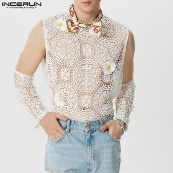 INCERUN Летние мужские топы без рукавов с круглым вырезом и цветочным принтом, ажурный прозрачный жилет