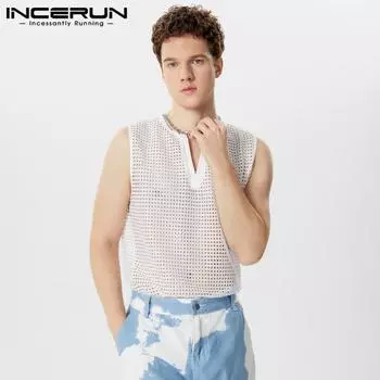 INCERUN Летние мужские майки без рукавов с V-образным вырезом и клетчатой отделкой S чёрный