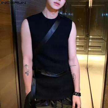INCERUN Летние мужские топы с круглым вырезом и длинными майками без рукавов, жилет с поясом S чёрный