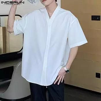 INCERUN Летние мужские топы с v-образным вырезом и короткими рукавами, мешковатые рубашки на пуговицах