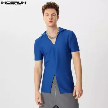 INCERUN Летние мужские топы с V-образным вырезом и короткими рукавами, ребристые узкие футболки с разрезами S чёрный