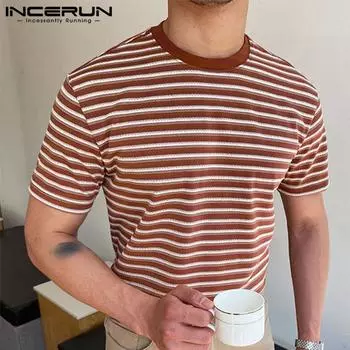 INCERUN Летние мужские топы в цветную полоску с короткими рукавами