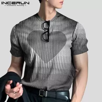 INCERUN Летние мужские топы в полоску с короткими рукавами