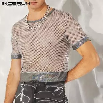 INCERUN Летние мужские укороченные топы из прозрачной сетки в стиле пэчворк S