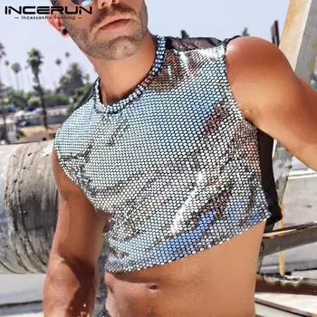 INCERUN Летние мужские укороченные топы с мокрым эффектом, клубная одежда 3XL