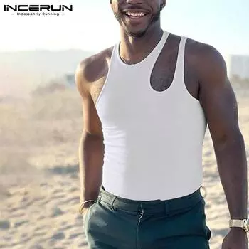 INCERUN Летние мужские узкие топы без рукавов с вырезами 2XL белый