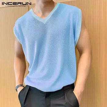 INCERUN Летние мужские V-образным вырезом без рукавов ажурный жилет спортивные майки 5XL