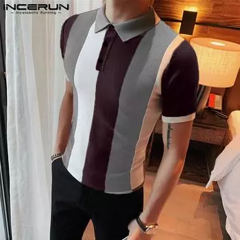 INCERUN Летние мужские вязаные рубашки с отложным воротником и цветными топами
