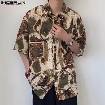 INCERUN Летние праздничные рубашки мужские с лацканами и коротким рукавом с цветочным принтом винтажные футболки S зелёный