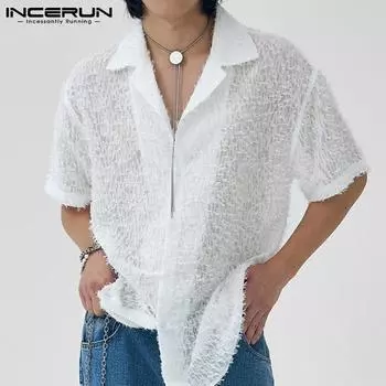 INCERUN летние прозрачные мужские кружевные прозрачные ажурные короткие белые свободные рубашки 2XL белый