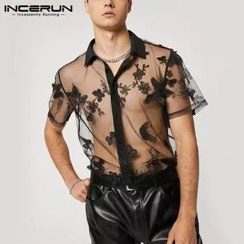 INCERUN, летние прозрачные мужские модные прозрачные рубашки с короткими рукавами, кружевные вечерние модные повседневные свободные топы с бабочками, S-5XL