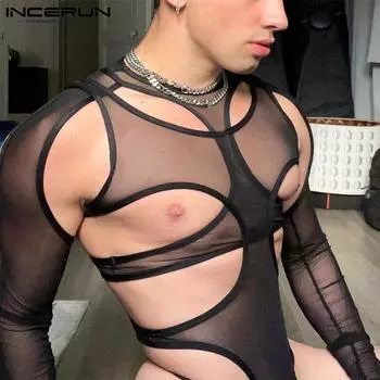 INCERUN/летние прозрачные мужские модные рубашки с длинными рукавами и жилет, комбинезон, комбинезон, обтягивающие майки Sext, клубная одежда, боди S-5XL 2XL