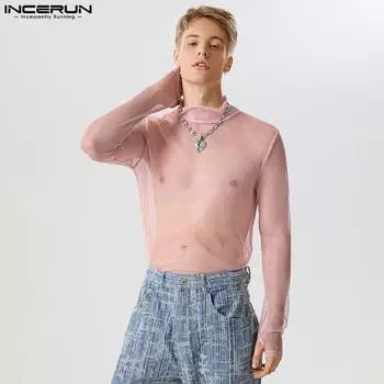 INCERUN Летние прозрачные мужские сетчатые топы с высоким воротником