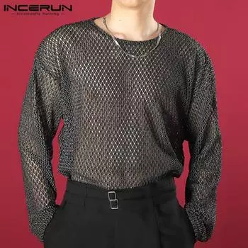 INCERUN/летние прозрачные сексуальные рубашки, мужская модная одежда, сетчатые топы с круглым вырезом, вечерние тонкие рубашки с длинными рукавами, S-5XL S