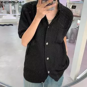 INCERUN Летние тонкие мужские однотонные праздничные рубашки с короткими рукавами