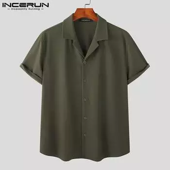 INCERUN Летние тонкие мужские однотонные рубашки с короткими рукавами