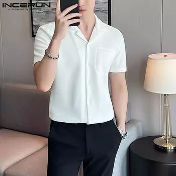 INCERUN Летние тонкие мужские однотонные рубашки с короткими рукавами