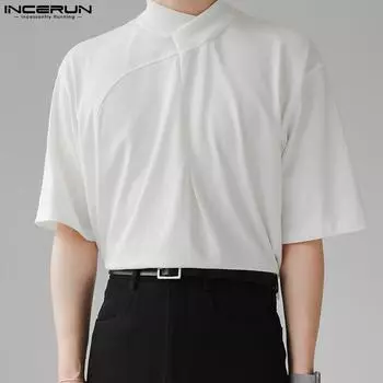 INCERUN Летние тонкие мужские однотонные топы с короткими рукавами Повседневная свободная блузка больших размеров