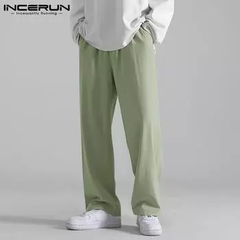 INCERUN летние тонкие мужские свободные длинные брюки однотонные уличные повседневные эластичные брюки макси размера плюс 2XL чёрный