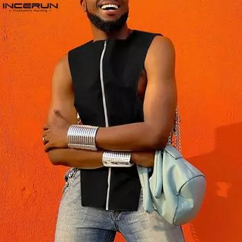 INCERUN Летние топы Мужской кожаный жилет без рукавов на молнии Жилет