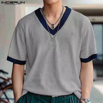 INCERUN Летние топы с V-образным вырезом, мужские футболки с коротким рукавом в стиле пэчворк и вафельным узором 4XL розовый