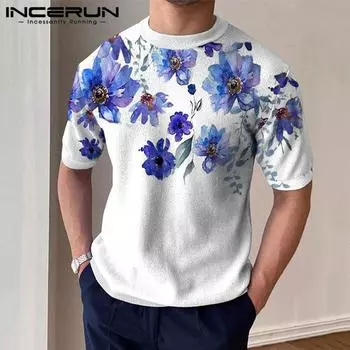 INCERUN Летние женские топы с короткими рукавами и принтом M синий