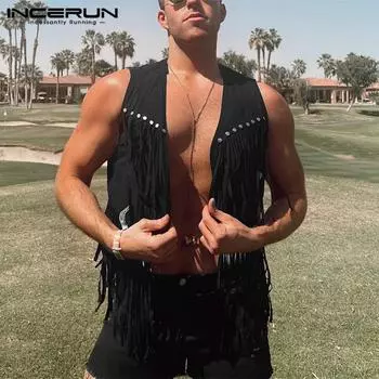 INCERUN/летний готический мужской жилет без рукавов с кисточками в этническом стиле, топы для танцев, праздничные пальто, жилет больших размеров S чёрный