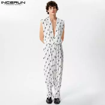 INCERUN Летний мужской комбинезон без рукавов с V-образным вырезом и принтом, повседневные комбинезоны на шнурке L белый