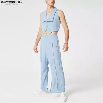 INCERUN Летний мужской костюм без рукавов с пиджаком и свободными брюками