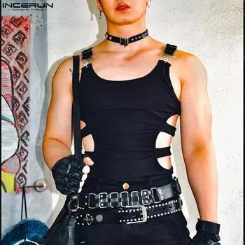 INCERUN летний мужской облегающий вязаный жилет без рукавов с пряжкой и вырезом