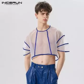 INCERUN Летний мужской прозрачный укороченный топ с пышными рукавами и короткими рукавами