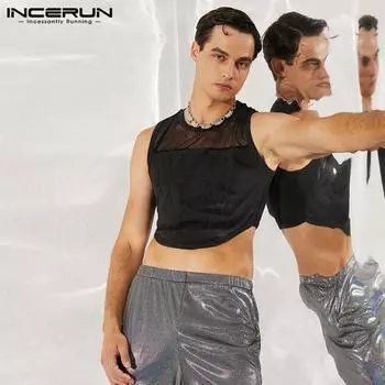 INCERUN Летний мужской сетчатый жилет без рукавов, прозрачный спортивный тонкий L белый