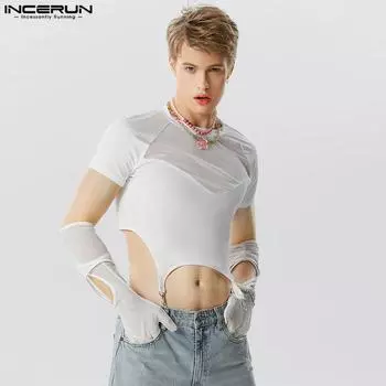 INCERUN Летний мужской топ из прозрачной сетки в стиле пэчворк в стиле деконструированный