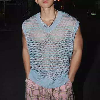 INCERUN Летний мужской жилет без рукавов с V-образным вырезом в сетку и полые сетчатые майки 3XL зелёный