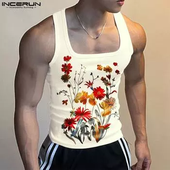 INCERUN Летний мужской жилет без рукавов с цветочным принтом Повседневный спортивный трикотажный топ майки L белый