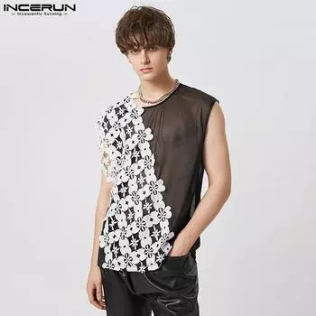 INCERUN Летний мужской жилет без рукавов, сетчатые цветные топы с вышивкой