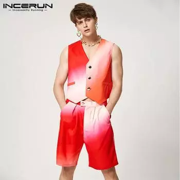 INCERUN/летний мужской жилет и шорты без рукавов с градиентом, уличная одежда, костюмы из 2 предметов