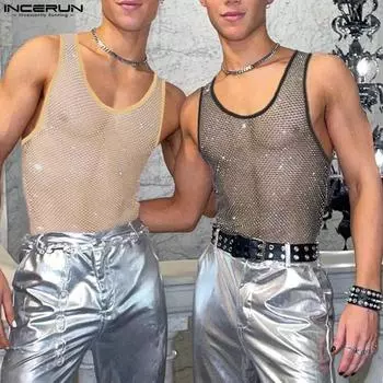 INCERUN, летний тонкий мужской прозрачный жилет из сетчатой пряжи, клубная одежда, вечерние топы