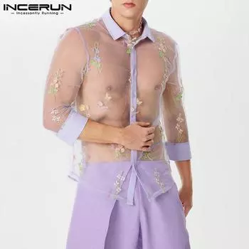 INCERUN Летняя кружевная футболка с вышивкой, повседневные сетчатые прозрачные топы с цветочным принтом