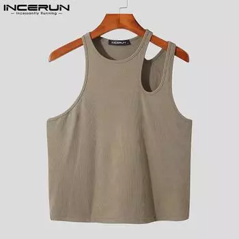 INCERUN Летняя мода Дизайн Необычные рубашки Мужская одежда Тонкий жилет без рукавов Повседневная одежда Нижние тонкие топы S-5XL XL кофейный