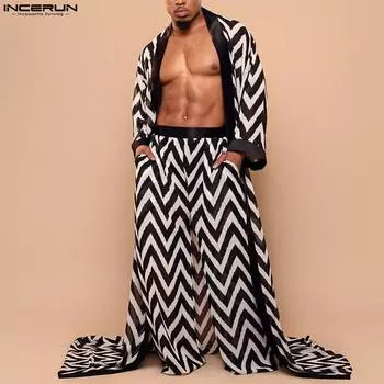 INCERUN, летняя мода, мужские повседневные длинные кардиганы с принтом и половиной рукава, тонкое кимоно, пляжная одежда для отдыха, свободные макси-пальто для отдыха, большие размеры S чёрный
